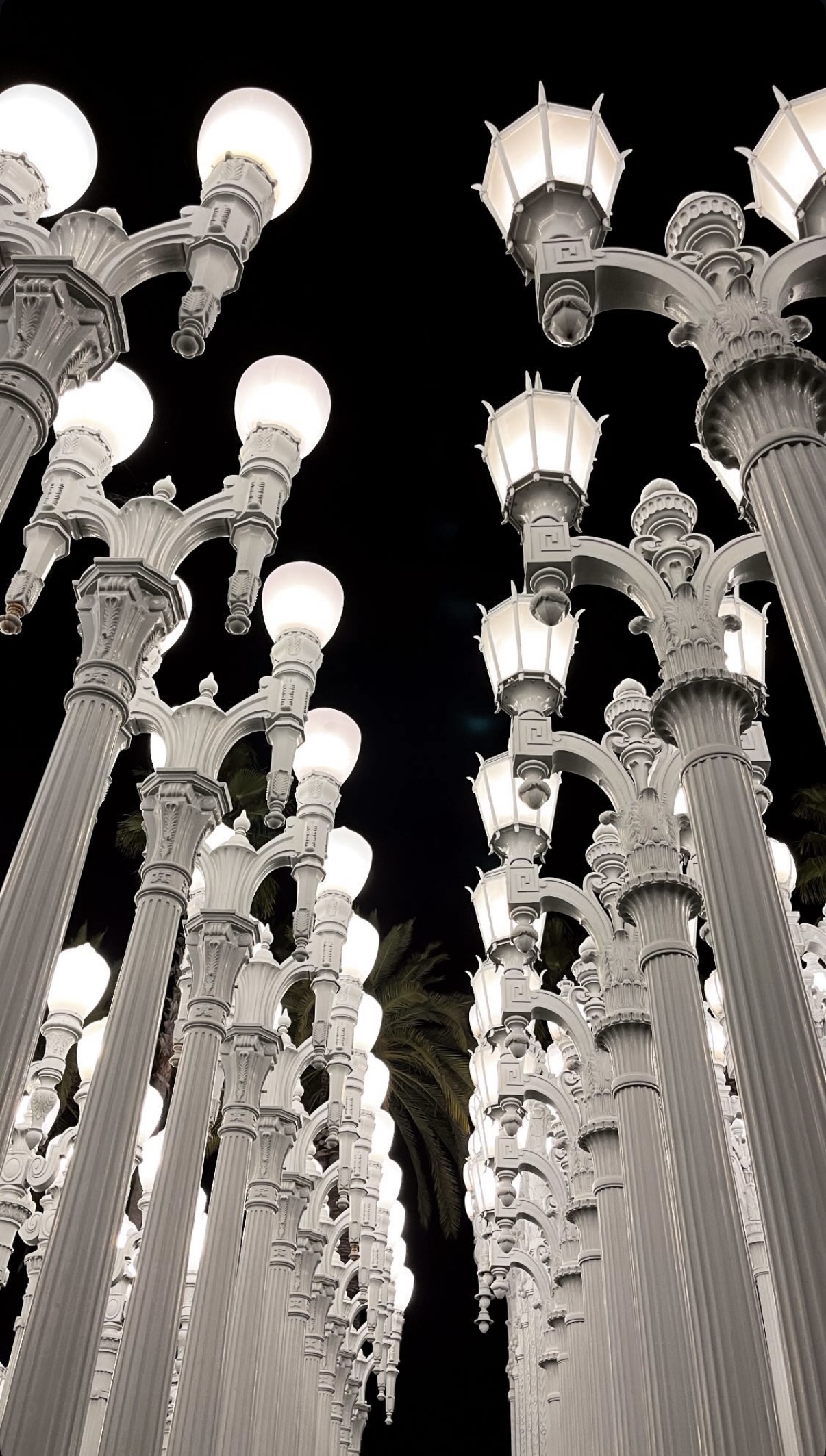 Rows of street lamps glowing at night