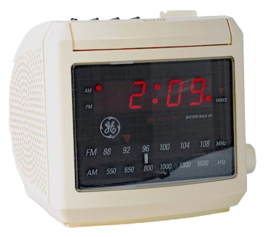 <a href='https://www.radiomuseum.org/r/general_el_fmam_clock_radio_7_4606wha.html' target='_blank' rel='noopener noreferrer'>GE Alarm Clock Radio Model No. 7-4606WHA</a>, 1980s. Thrifted.