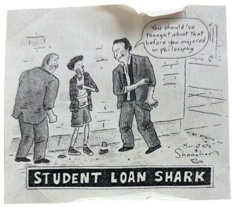 "Student Loan Shark" comic strip, spotted in <a href='https://www.twicesoldtales.com/' target='_blank' rel='noopener noreferrer'>Twice Sold Tales</a> bookstore, Seattle, WA.