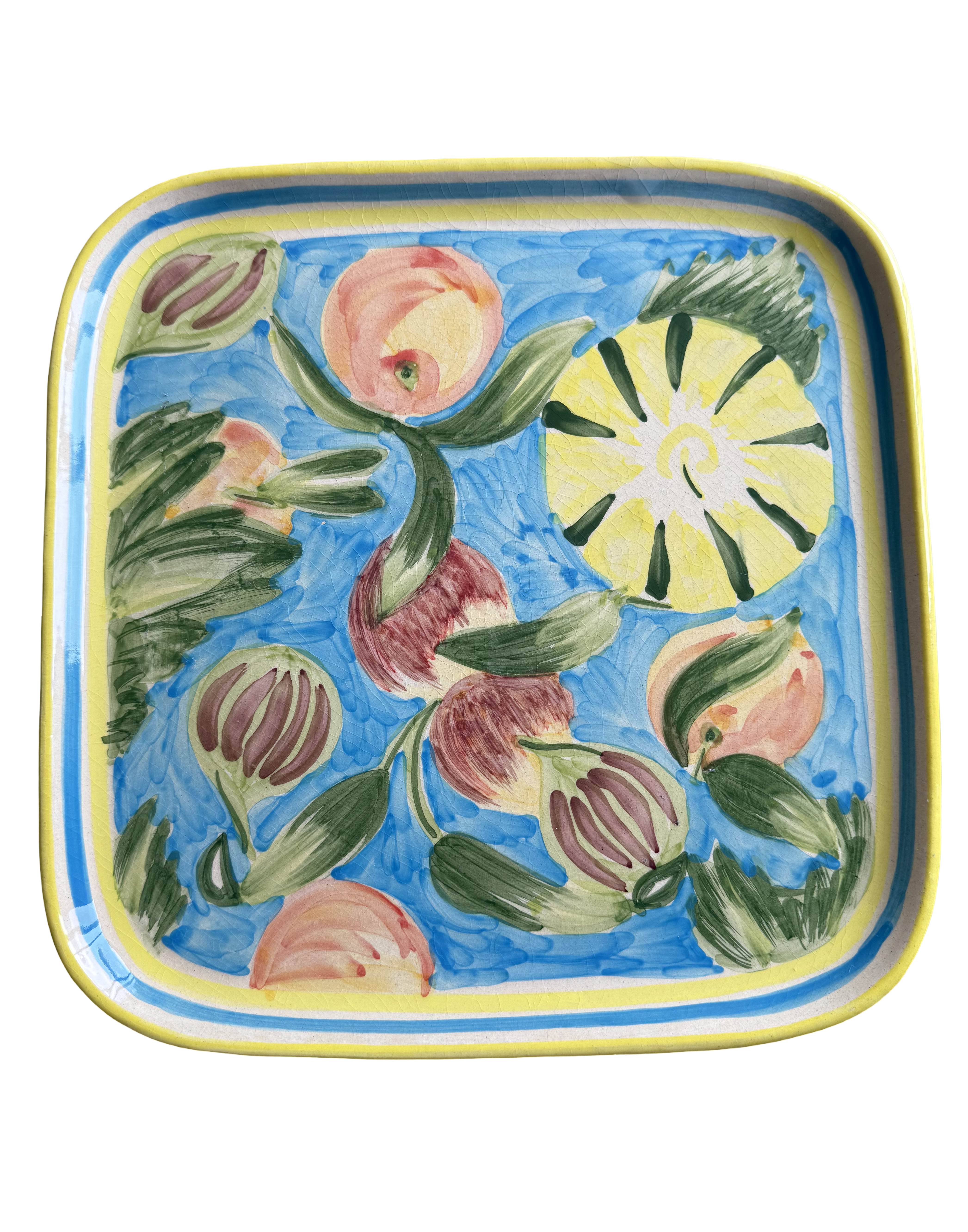 LeSouk Ceramique Tunisia hand-painted square plate, 1900's. Thrifted.