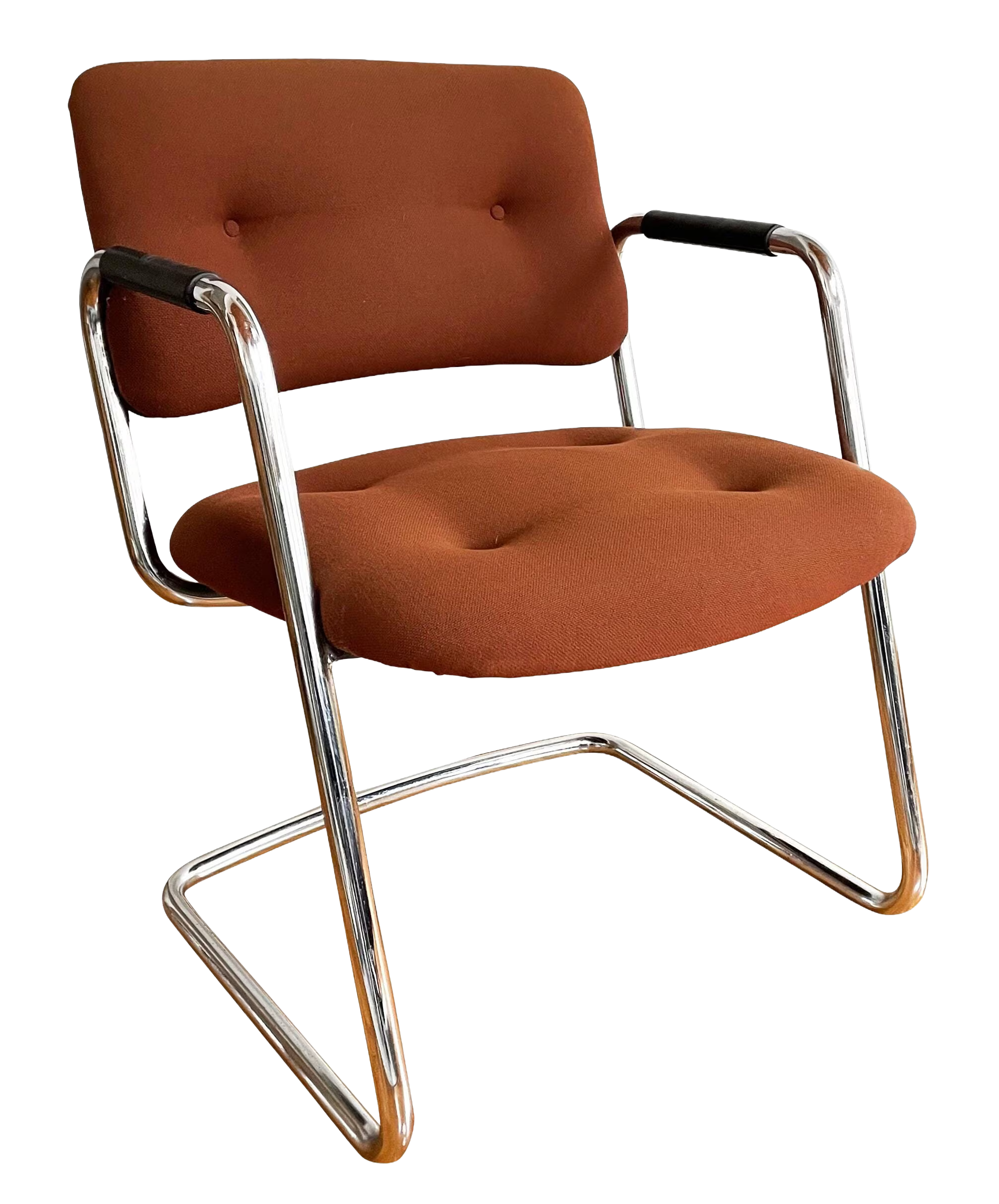<a href='https://www.chairish.com/product/3934999/mid-century-modern-chrome-cantilever-chair-by-steelcase' target='_blank' rel='noopener noreferrer'>Steelcase Cantilever Chrome Chair - 421482</a>, 1980's. Thrifted.
