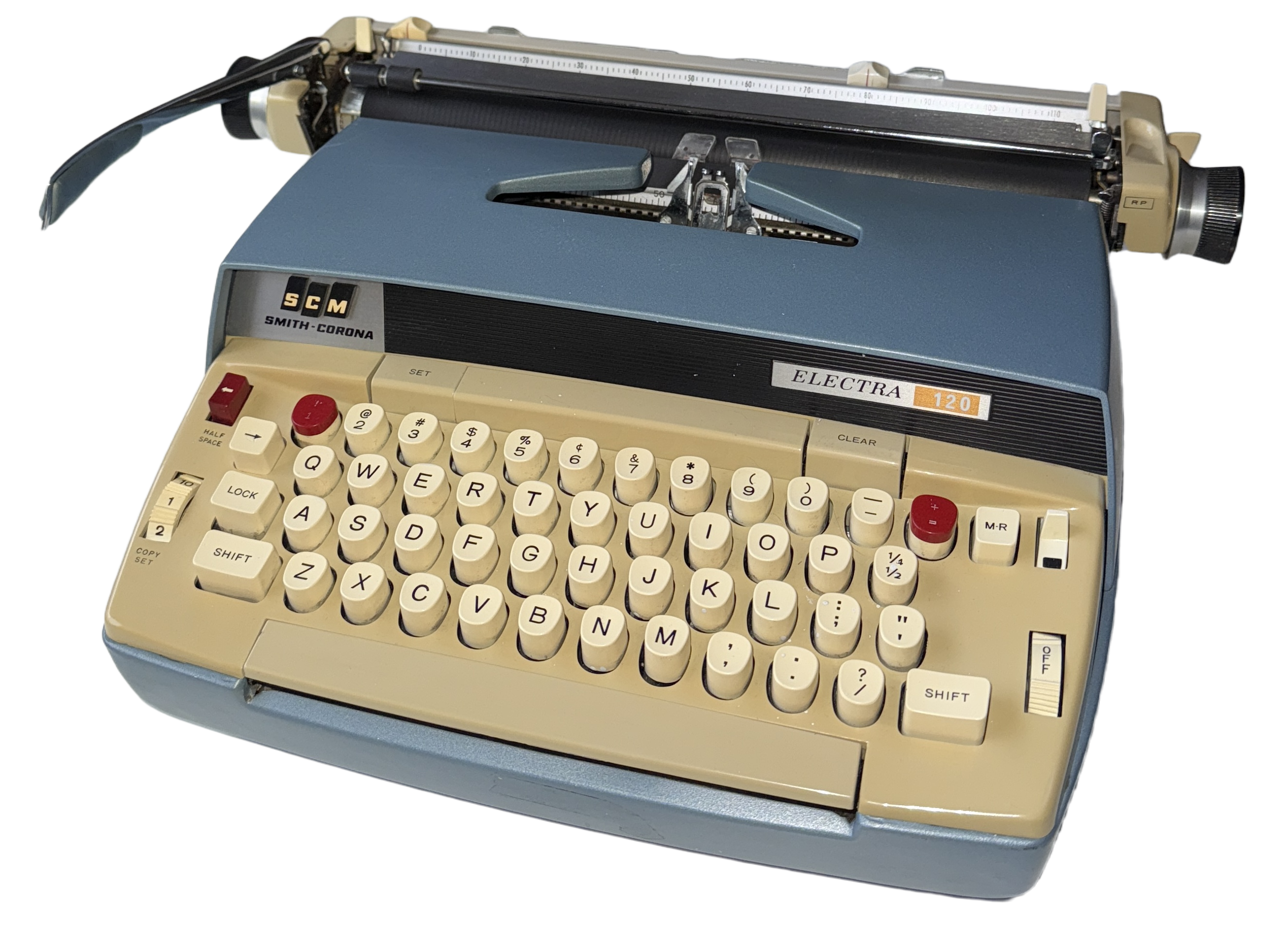 <a href='https://typewriterdatabase.com/smithcorona.86.typewriter-serial-number-database' target='_blank' rel='noopener noreferrer'>SCM Smith-Corona Electra 120</a> typewriter, 1960's. Thrifted.